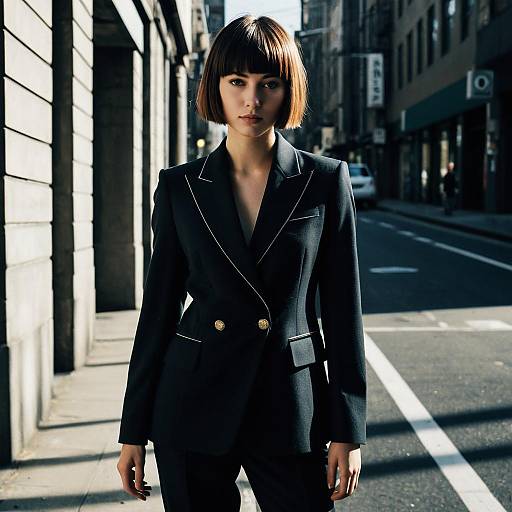 Woman with Short Fringe Hairstyle in Black Tailored Suit