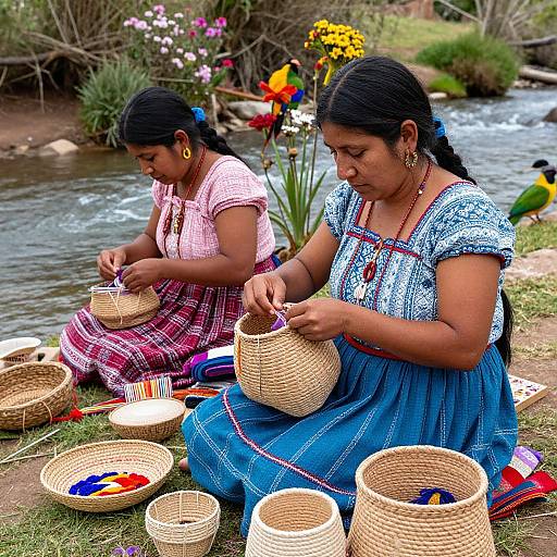 Photograph of two Indigenous women with black hair, wearing traditional blue and pink patterned dresses, weaving baskets by a river with colorful flowers and birds in