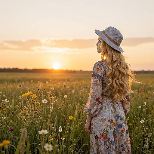 Photograph of a blonde woman with long wavy hair, wearing a floral dress and straw hat, standing in a sunlit meadow of wildflowers