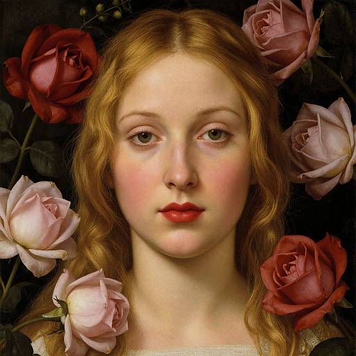 Digital portrait of a fair-skinned, red-haired woman with wavy hair, surrounded by pink and red roses, wearing red lipstick, against a dark