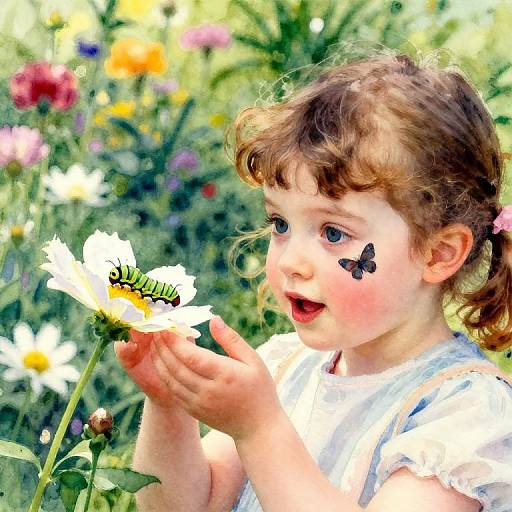 Photograph of a curly-haired, fair-skinned toddler with blue eyes, black butterfly face paint, and white dress, smiling at a white daisy