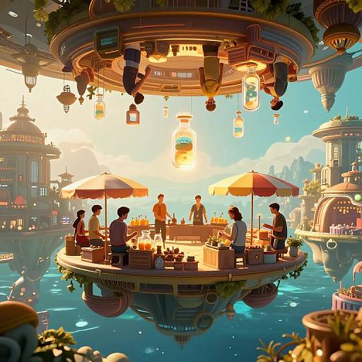 Colorful digital art of a floating market at sunset, with six people serving and dining on a circular platform, surrounded by hanging lanterns and umbrellas