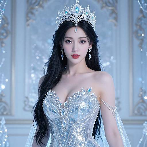 Digital illustration of an East Asian woman with long black hair, wearing a sparkling silver tiara and gown, adorned with blue gems, against a glittering