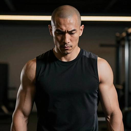 Intense Bald Man in Dimly Lit Gym