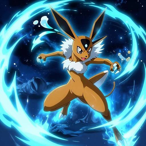 Digital artwork of an anthropomorphic Eevee-like creature with large ears, white fur collar, and brown fur, surrounded by glowing blue energy rings,