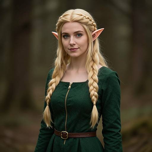 Photorealistic CGI elf woman with long blonde braids, green dress, brown belt, pointed ears, standing in a blurred forest background.