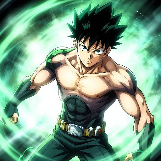 Muscular anime male with spiky black hair, glowing green aura, and intense blue eyes, topless, wearing black pants and belt, dynamic pose