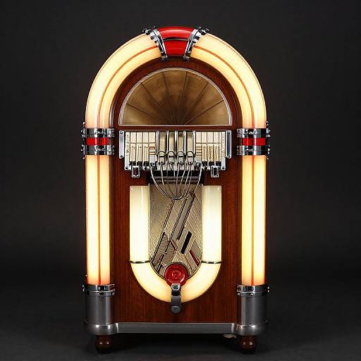 Photograph of a vintage-style jukebox with illuminated arches, wood paneling, chrome accents, and a red record button, set against a