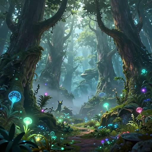 Enchanting digital forest scene with towering trees, glowing bioluminescent mushrooms, and a small, fox-like creature amidst misty, sunlit