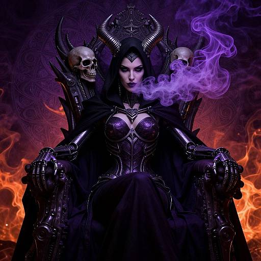 Digital artwork of a dark, armored queen with horns, skulls on throne, smoky purple breath, black gown, fiery red background.