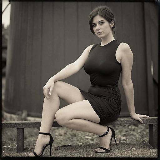 Photograph of a fair-skinned woman with dark hair, wearing a black sleeveless dress and high heels, sitting on a bench against a wooden backdrop