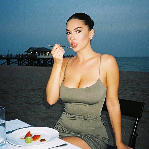 Photograph of a dark-haired woman in a green, form-fitting dress, sitting at a beach table, eating with a fork, with a plate