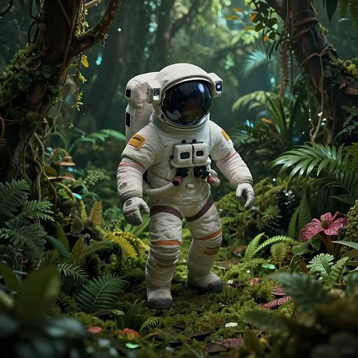 Photorealistic CGI of a lone astronaut in a white spacesuit with a reflective helmet, standing in a dense, lush, green jungle.