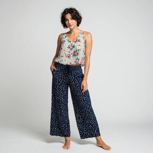 Confident Woman in Floral Sleeveless Top and Relaxed Pants