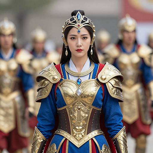 Photograph of an Asian woman in elaborate, gold-embellished medieval armor with blue and red clothing, standing among similarly dressed soldiers, with a