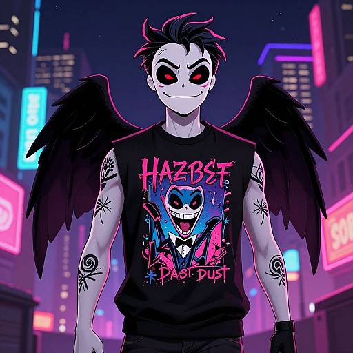 Neon-lit cityscape, anime-style illustration of a pale-skinned, black-haired man with red eyes, black wings, tattoos, and a