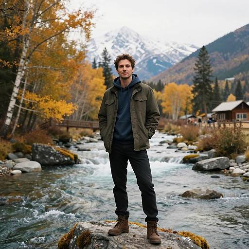 Photograph of a man with curly hair, wearing a green jacket, blue hoodie, black pants, and brown boots, standing on a rock in a