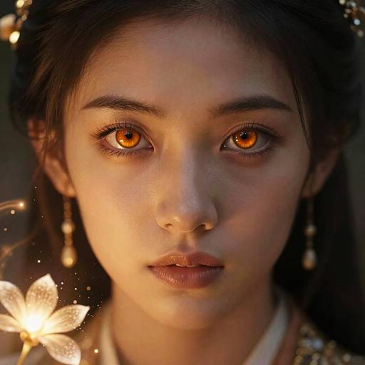 Photograph of a young Asian woman with glowing orange eyes, dark hair, and soft lighting, wearing a flower earring and necklace, with a blurred