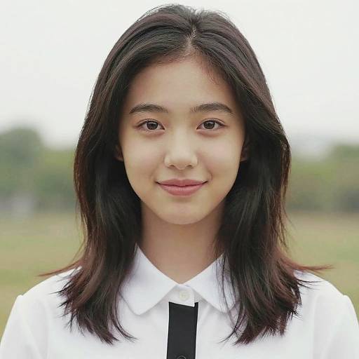 Photograph of a young Asian woman with straight black hair, wearing a white shirt and black tie, smiling softly against a blurred outdoor background.
