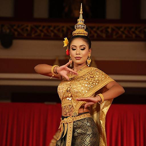 Photograph of a traditional Thai dancer in golden ornate attire, with a tall headdress, black hair, and red flower, performing on a red
