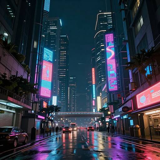 Neon-lit, rainy urban street at night in a futuristic city, featuring colorful vertical signs on tall buildings, wet pavement reflections, and a few