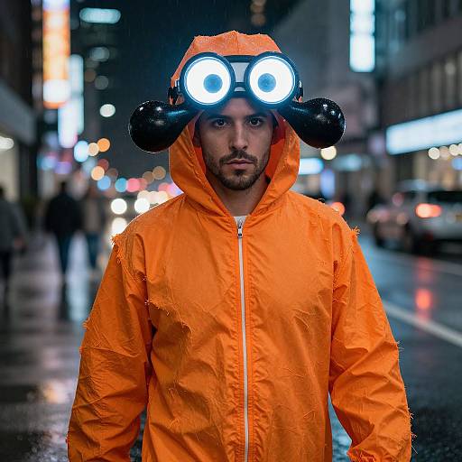 Photograph of a man in a bright orange raincoat with a hood and oversized black goggles, standing on a rainy city street at night, with blurred