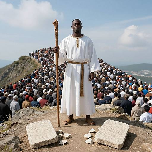 Photograph: Black man in white robe stands on rocky hill, holding wooden staff, with large diverse crowd seated behind him, clear blue sky, stone