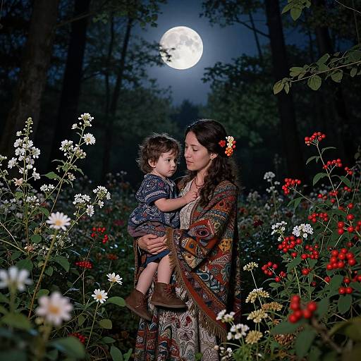Photograph of a serene night scene: a woman with long dark hair, wearing a colorful patterned shawl, holds a young boy in a blue
