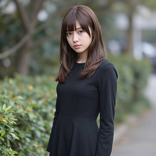 Photograph of a young Asian woman with straight, dark brown hair, wearing a black long-sleeve dress, standing in a blurred, green,
