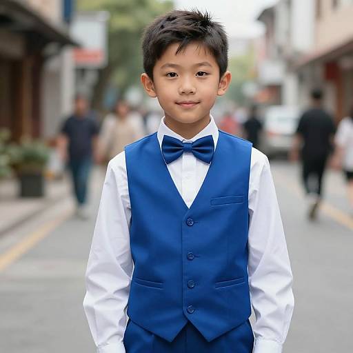 Photograph of an Asian boy with short black hair, wearing a blue vest, white shirt, and blue bow tie, standing on a busy urban street