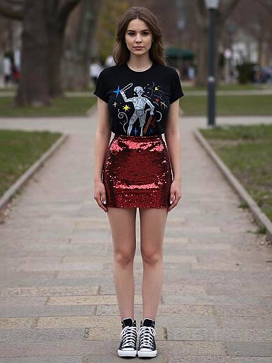 Young woman with long brown hair, wearing black graphic t-shirt, red sequin skirt, and black Converse sneakers, stands on a park pathway.