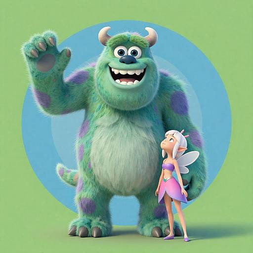 Green Furry Monster and Tiny Fairy