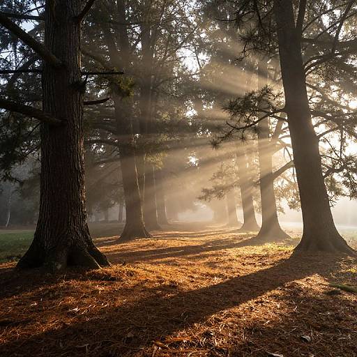Photograph of a sunlit forest at dawn, featuring tall trees casting long shadows, with golden sunlight filtering through branches.