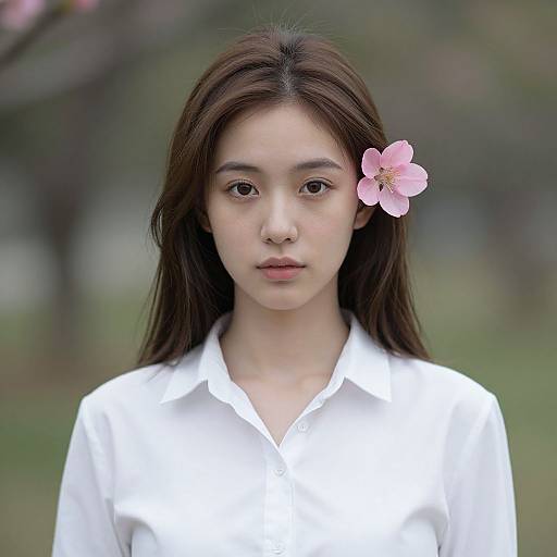 Photograph of an East Asian woman with long dark hair, wearing a white button-up shirt, and a pink cherry blossom in her hair, standing against