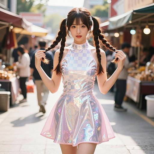 Photograph of an Asian woman with long black pigtails, wearing a shiny silver, sleeveless, high-neck dress, standing in a sunlit