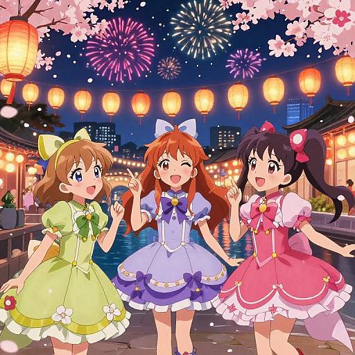 Anime-style illustration of three cheerful girls in colorful, frilly dresses, celebrating under cherry blossoms and fireworks by a river.