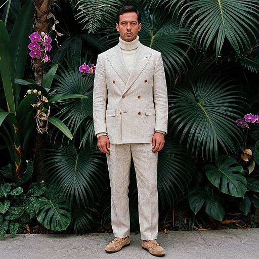 Photograph of a handsome man with short dark hair and beard, wearing a white double-breasted suit, tan shoes, standing against lush green tropical plants