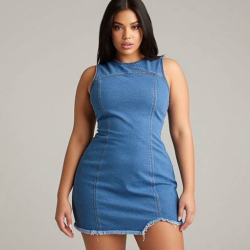 Photograph of a confident woman with straight black hair, wearing a tight, sleeveless, blue denim dress with frayed hem, standing against a plain