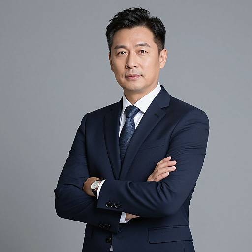 Photograph of a confident Asian man with short black hair, wearing a dark blue suit, white shirt, and black tie, standing with arms crossed against