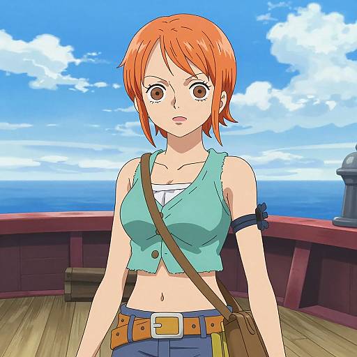 Anime-style digital drawing of a red-haired girl with large eyes, wearing a teal sleeveless top, brown belt, and carrying a bag, standing on