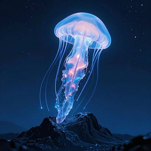 Photograph of a glowing, blue and white jellyfish with long, flowing tentacles, illuminated against a dark, starry night sky, hovering above