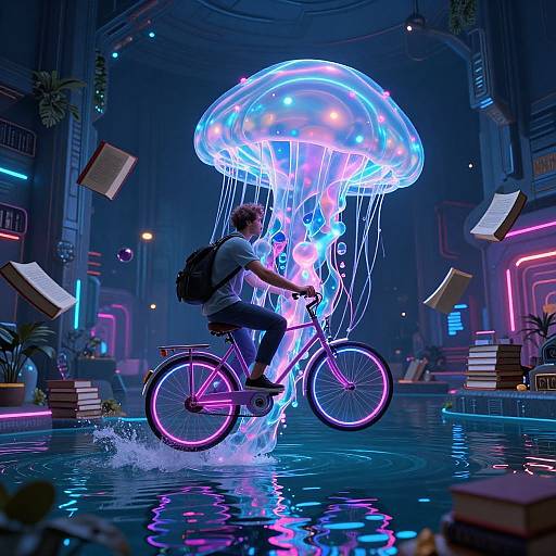 Neon-lit futuristic scene: man rides glowing bicycle through vibrant blue-purple jellyfish, surrounded by floating books and neon signs in a wet, reflective