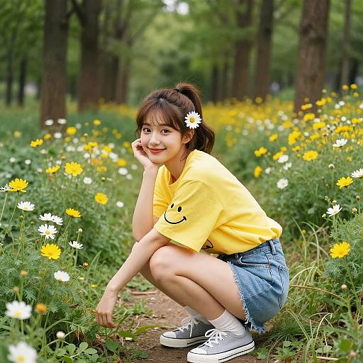 Young Woman Squatting in Flower Meadow