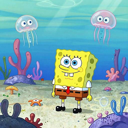 Digital cartoon of SpongeBob SquarePants underwater, wearing a white shirt and red tie, surrounded by jellyfish and colorful coral.