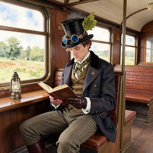 Photograph of a young man in Victorian attire, top hat with feather, blue goggles, reading in a wooden train carriage.