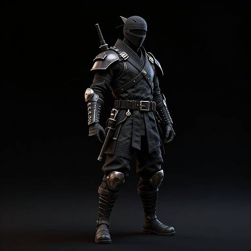 Digital CGI of a black-clad ninja with masked face, armored shoulders, knee pads, belt, and sheathed sword, standing against a dark background