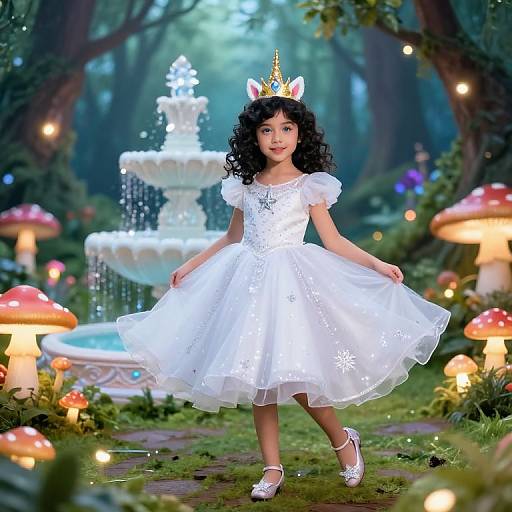 Photograph of a young girl with curly black hair, wearing a white floral dress, crown, and shoes, standing in a magical forest with glowing mushrooms
