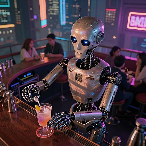 Photorealistic CGI: Silver robot with blue eyes behind bar, holding drink with orange slice, neon cityscape background, three blurred patrons.