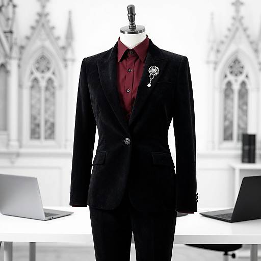 Photograph of a headless mannequin in a black suit with a red shirt and white flower pin, set against a blurred gothic-style background