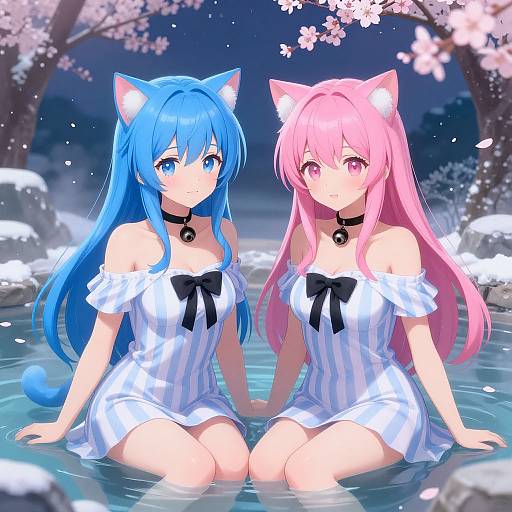 Anime-style illustration of two cat-eared girls with blue and pink hair, wearing white off-shoulder dresses with black bows, sitting in a snowy